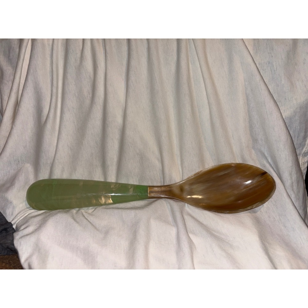 Vintage Style Marbled Green Resin and Faux Horn Large Serving Spoon 13.5 Inch